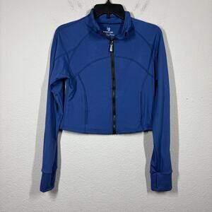 In Good State Medium Crop Full Zip Activewear Top Blue Thumb Hole Mock Neck